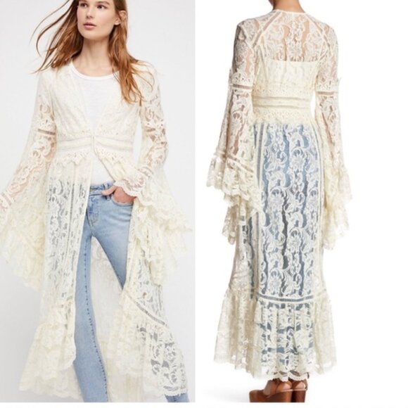 🕊️ Free People Rhiannon Lace Maxi Dress kimono | Boho Sheer Cardigan Gown | - Picture 4 of 10